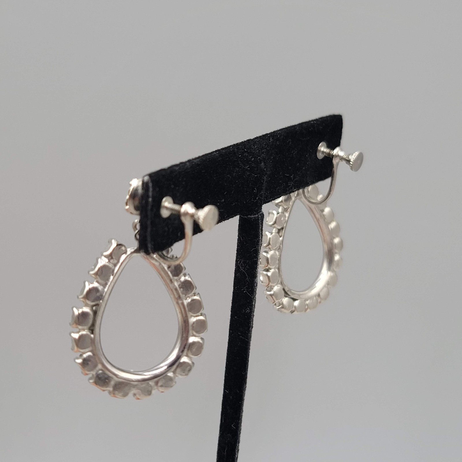 Vintage Open Dangle Clear Rhinestone Clip on Earrings Silver tone Screw Back 1.5