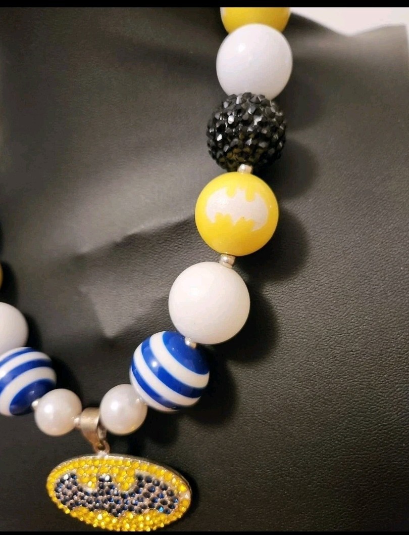 Vintage Authentic Batman Round Blue Yellow White Beaded Necklace With Pendant