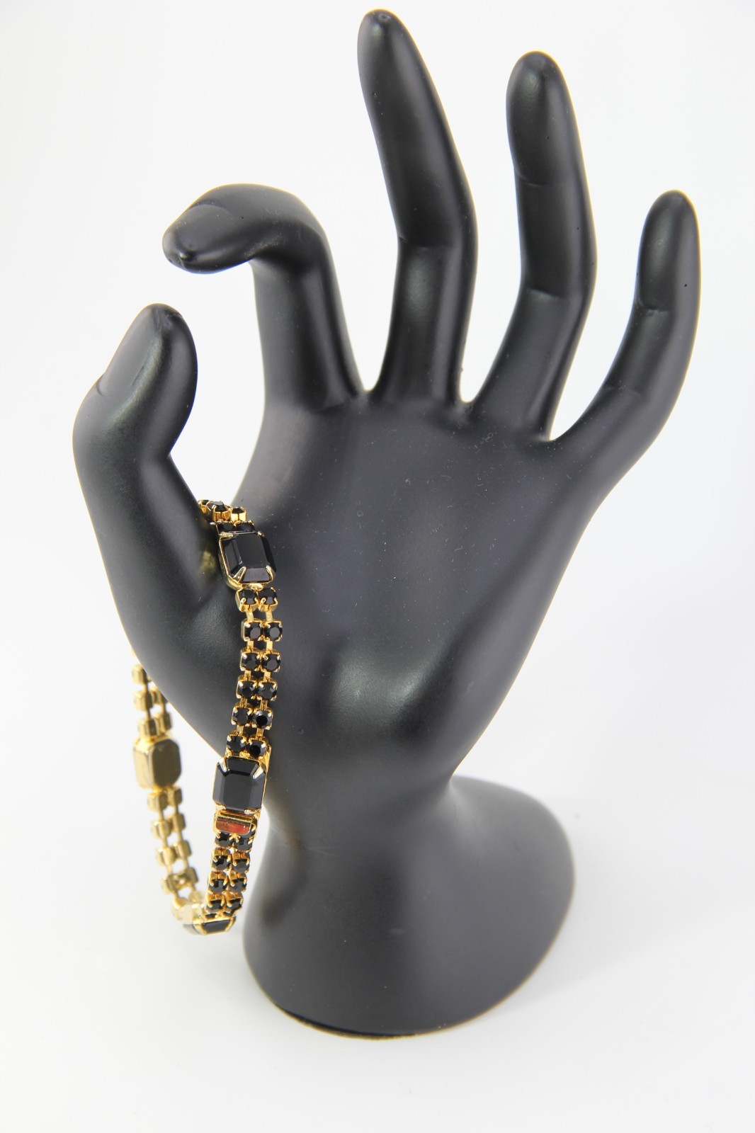 Vintage Bracelet Black Prong Set Rhinestones Push Lock, Czech Republic 1980
