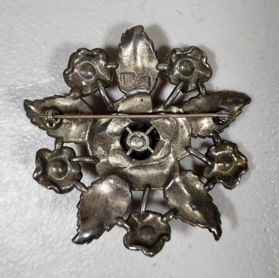Vintage Little Nemo Floral Clear Rhinestone Brooch LN25 Silver Metallic Tone