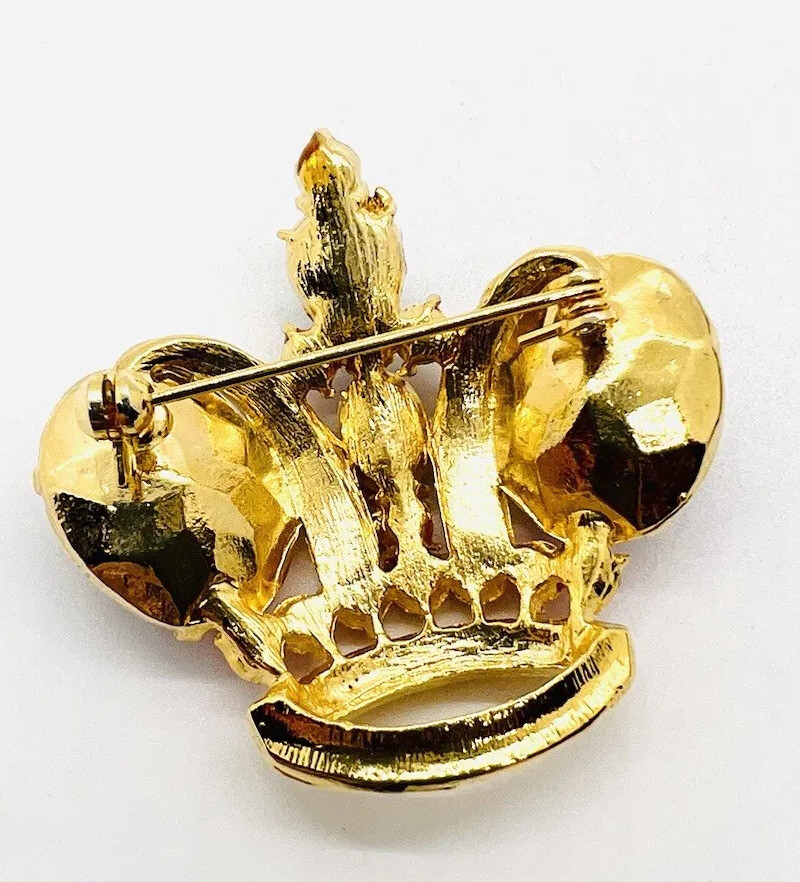 Jewel Tone Cabochon Regal Crown Brooch Prince of Wales Feathers Vintage Jewelry