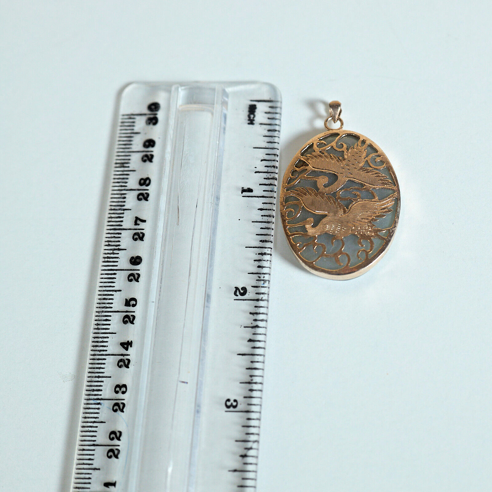 VTG 1970s/80s Asian 2 Cranes GP Open Metalwork on Oval Jadeite Pendant 1.75″Tall