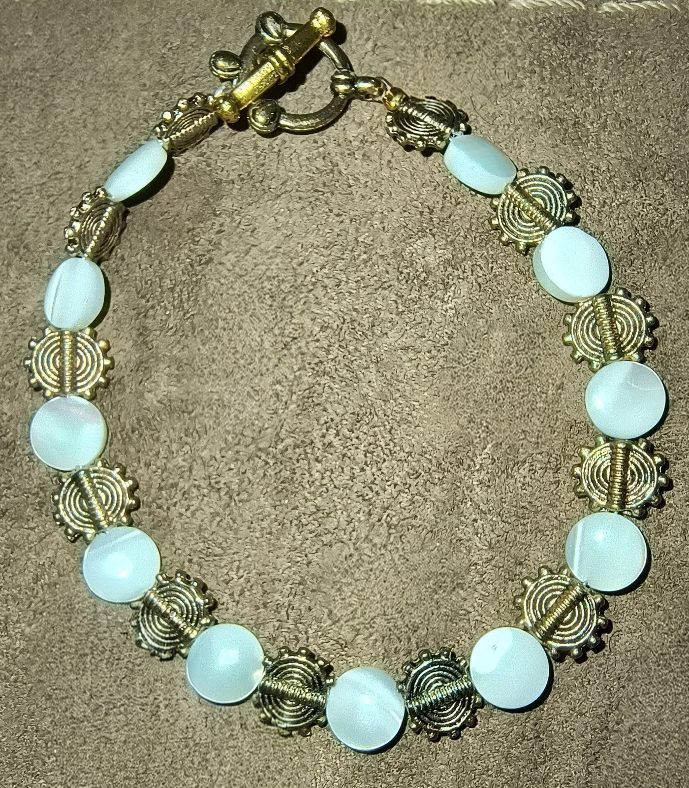 Antique Gold And White Mother Of Pearl Disc Toggle Bracelet