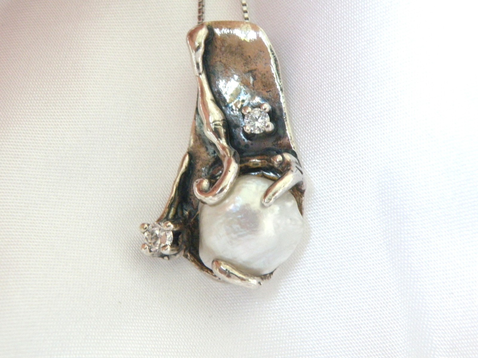 Brutalist Sterling Silver 925 Baroque Pearl Modernist Pendant Necklace