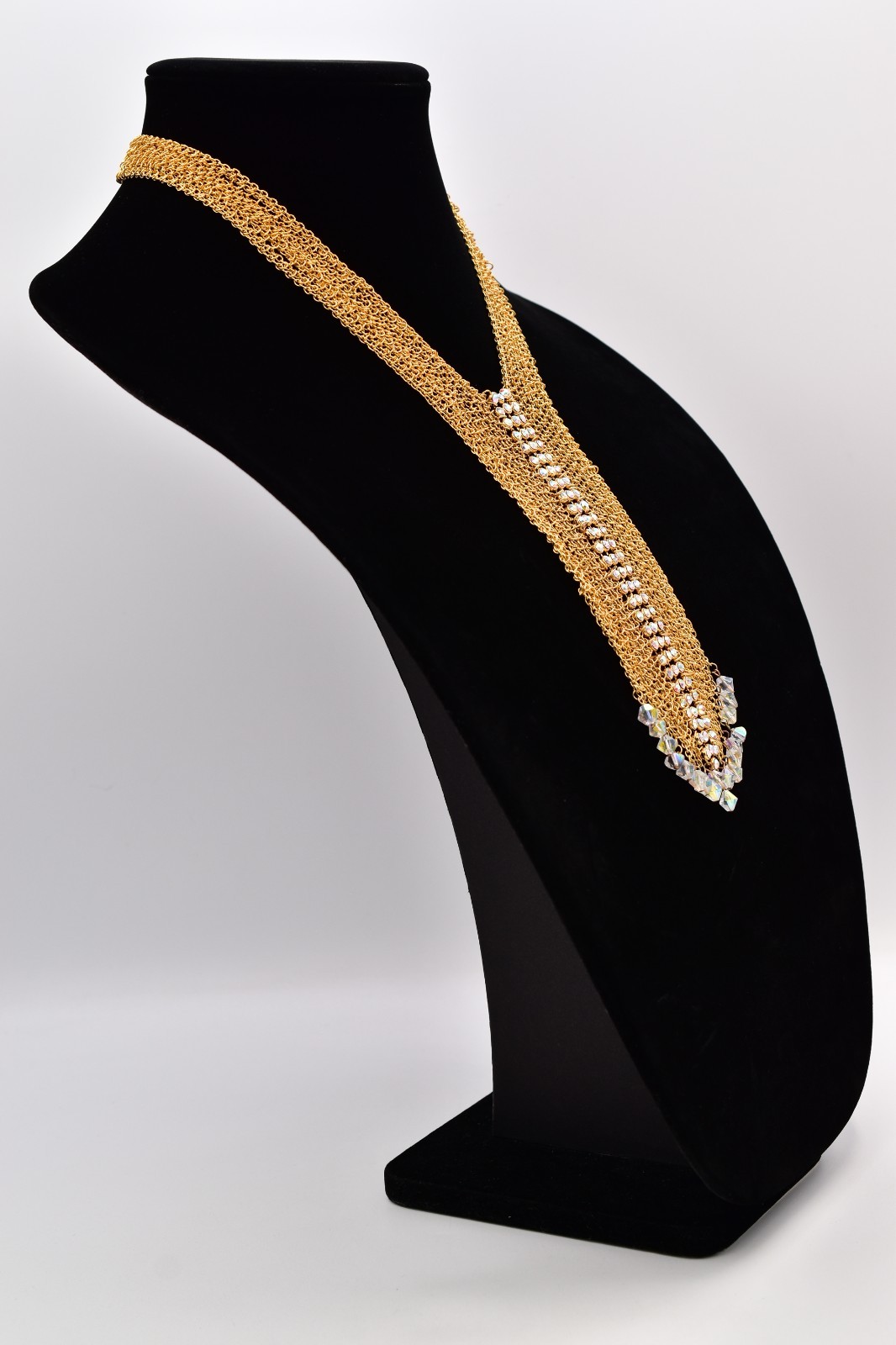 Felicia Vintage Gold Mesh Bib Necklace AB Rhinestone Crystal Fringe 1990s BinBN