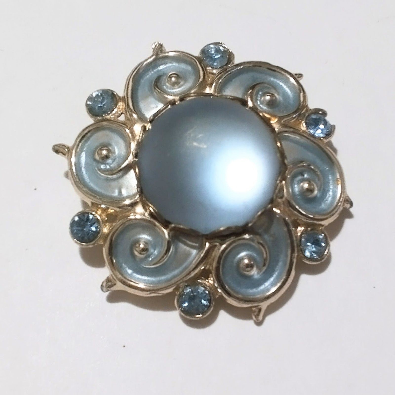 Vintage Blue Enamel Cabochon Rhinestone Gold Tone Brooch Pin