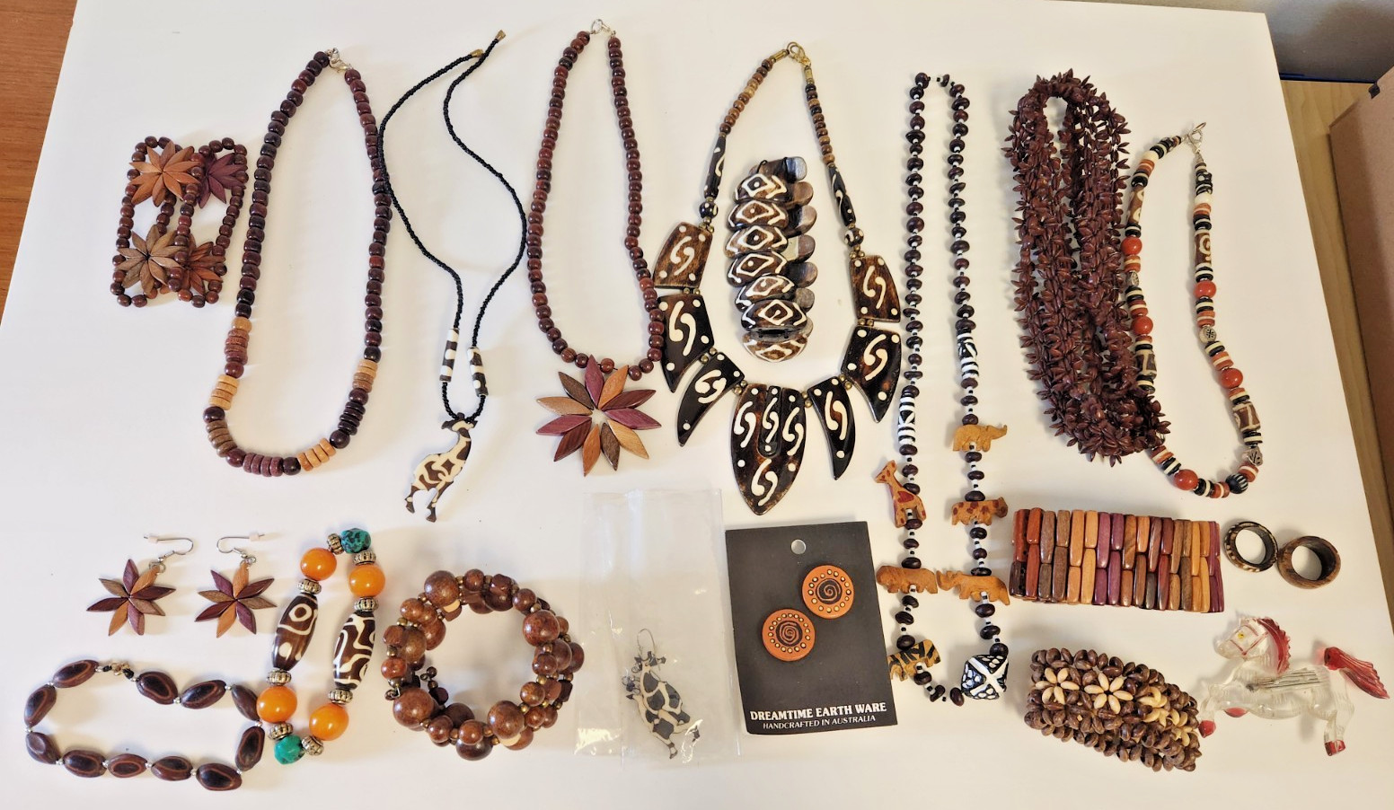 African/Wood Jewelry Lot of 20 Vintage 7 Necklaces 7 Bracelets 3 Earring 2 Rings