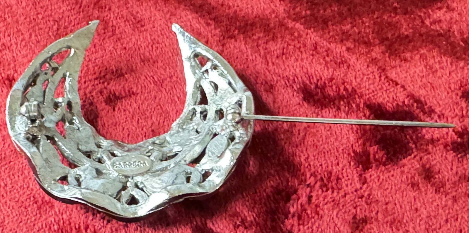 Vintage Barrera Crescent Moon-shaped Brooch Pin with Clear Sparkling Rhinestones
