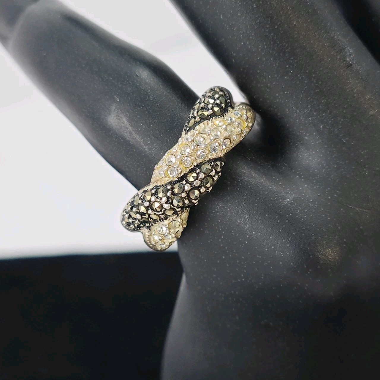 Sterling Silver Ladies Ring Marcasite & Clear CZ Pave Braided 2-tone Sz 7.5