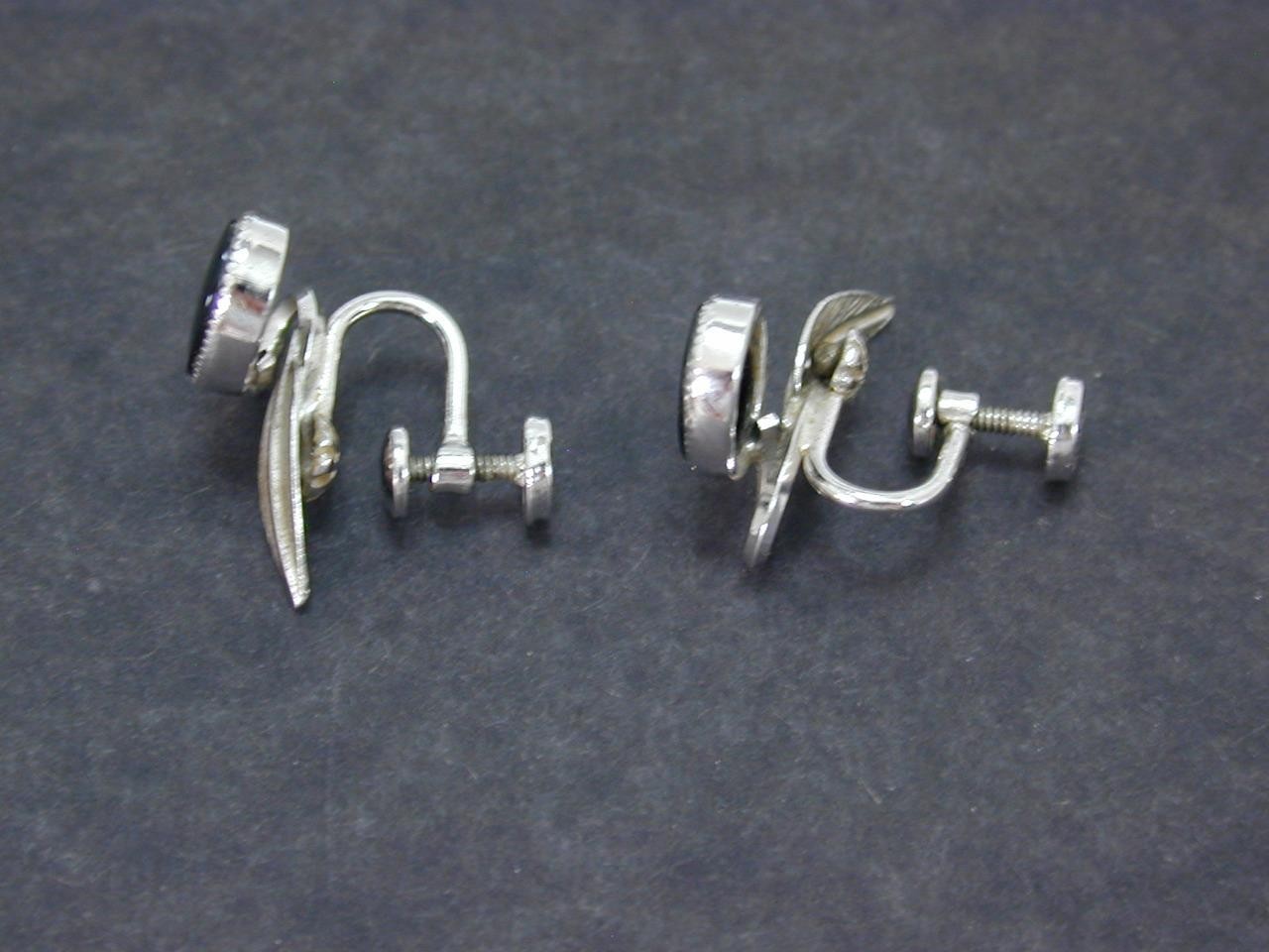 Vintage Star-ART Sterling Black Onyx Leaf Screw Back Earrings Silver 925 50’s-60