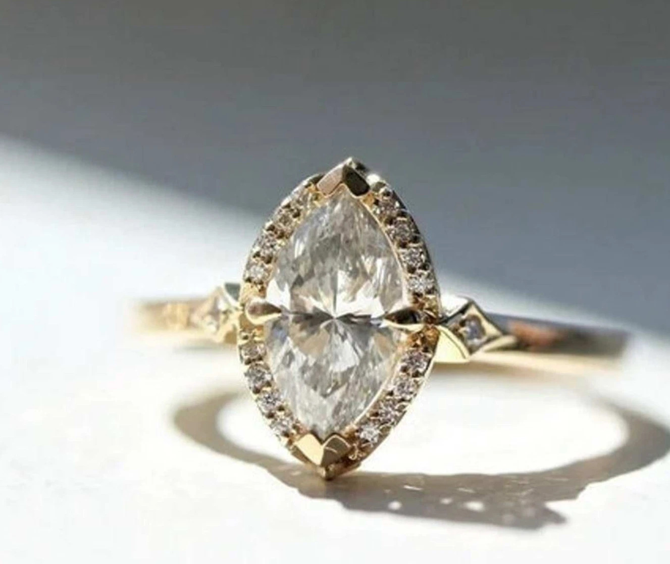 Halo Set 1.00CT Marquise Cut White Moissanite With 10K Yellow Gold FN Women Ring