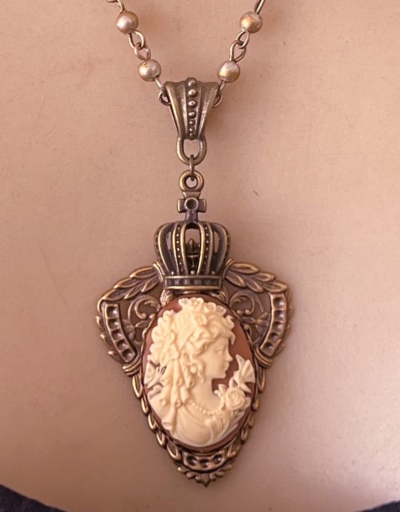 Victorian Revival Necklace Goddess Cameo Crowned Filigree Pendant