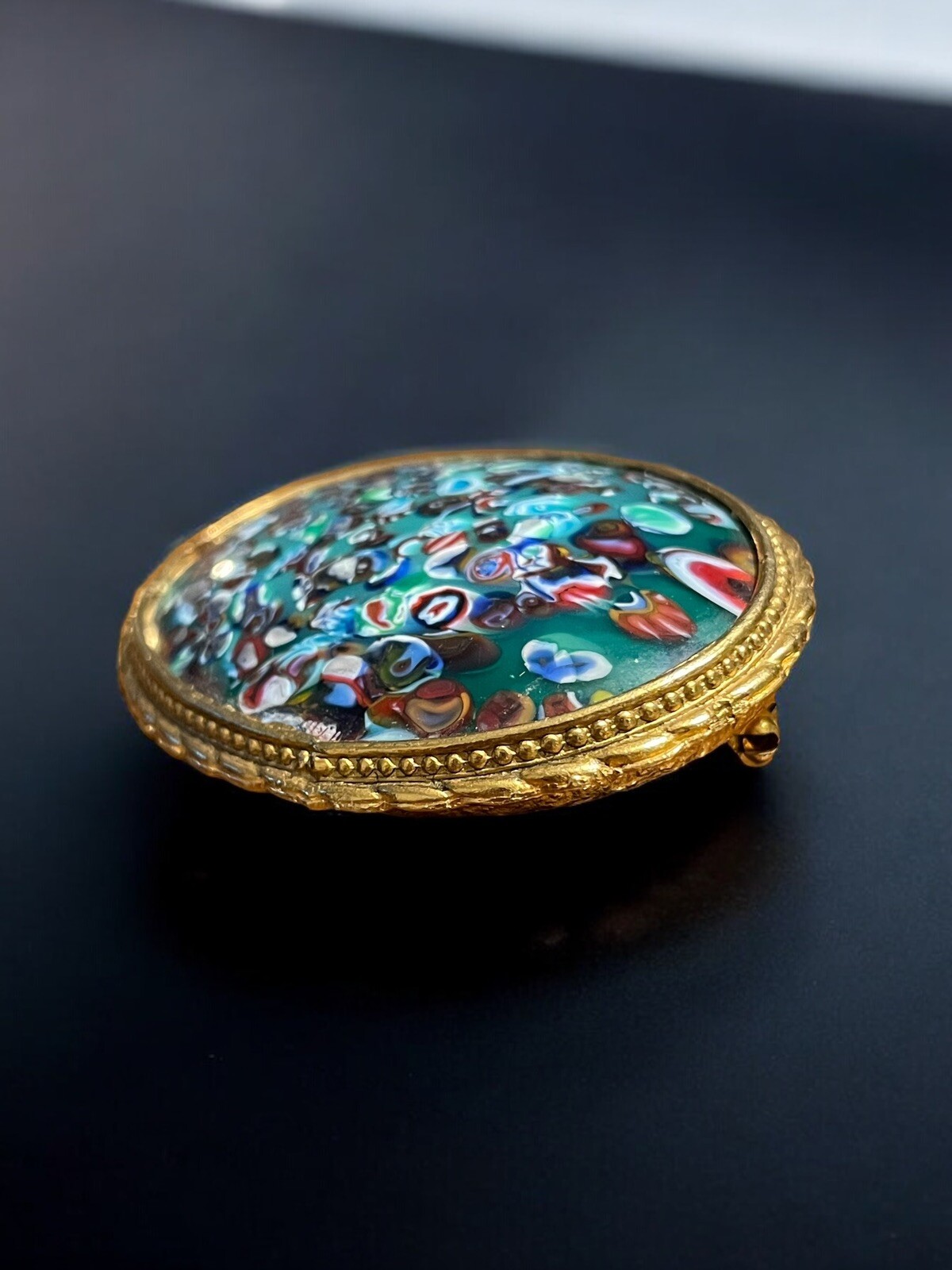 Vintage Art Glass Millefiori Look Large Statement Brooch Gold Tone Oval Frame