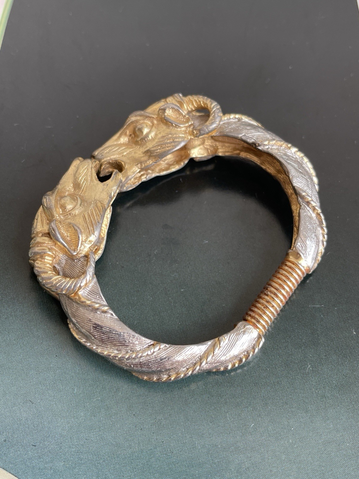 Vintage signed Donald Stannard double Ram head gold tone hinged clamper bracelet