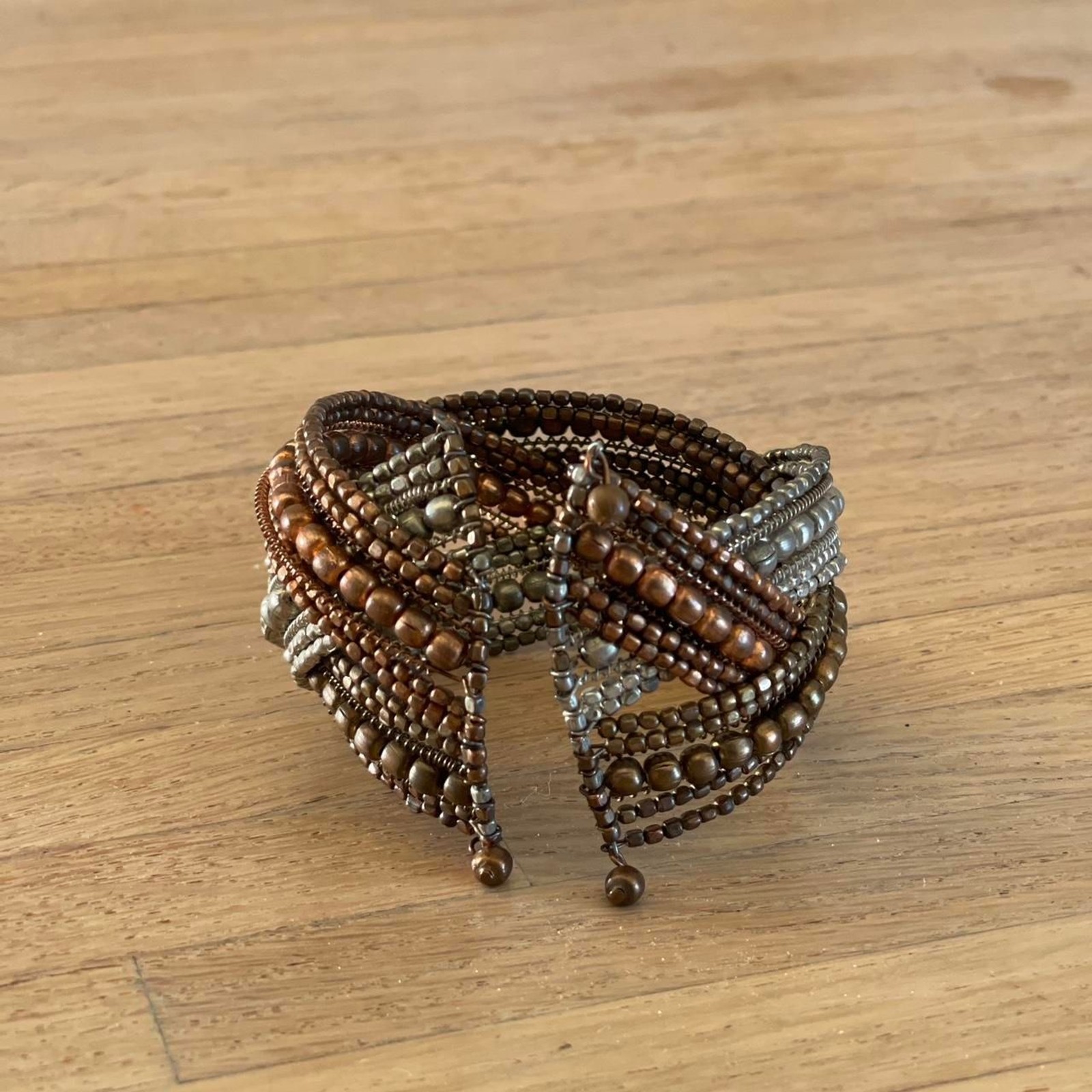 Vintage Boho Bronze Beaded Wrap Cuff Bracelet Multistrand Metal Festival Jewelry