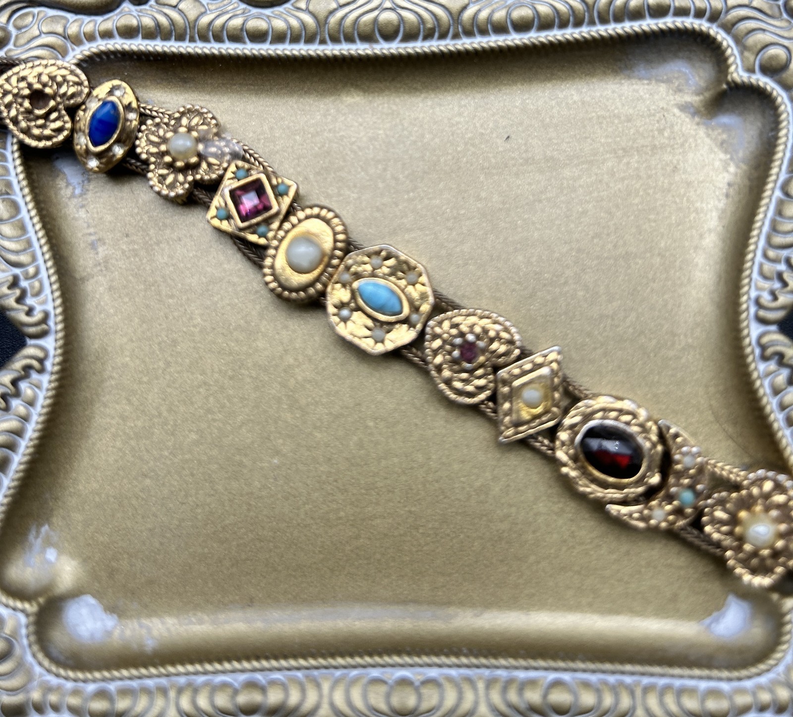 VTG Goldette Slide Bracelet Victorian Revival Multi Stone Crescent Moon