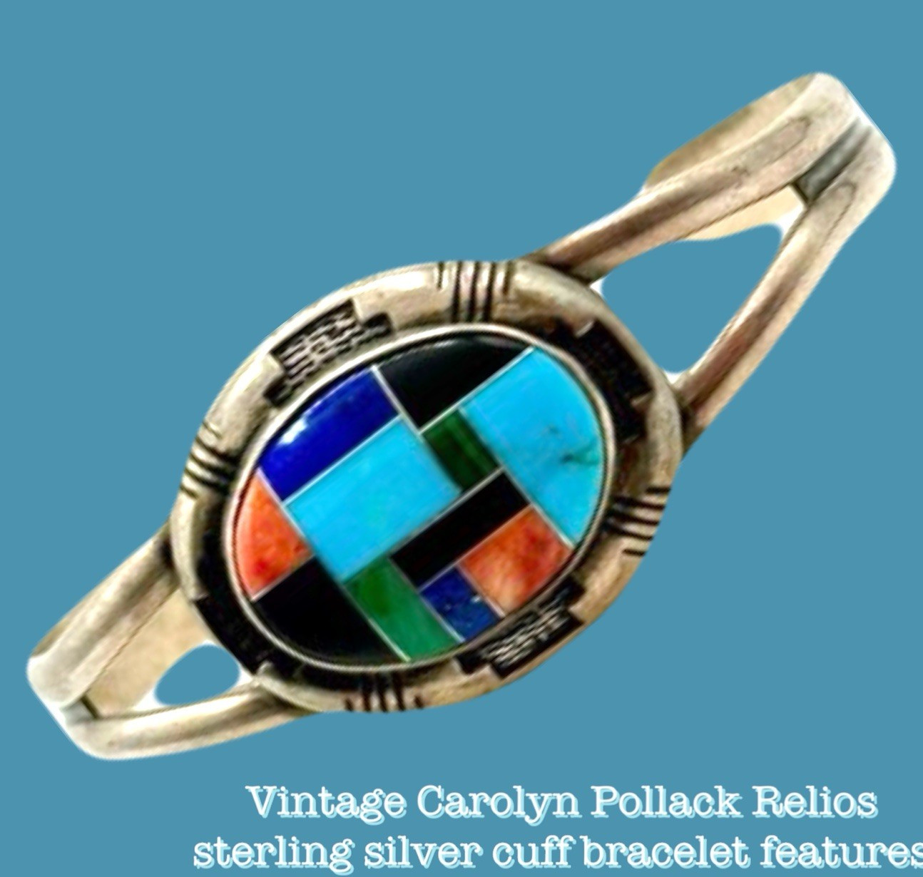 Carolyn Pollack Relios Vintage Sterling Silver Cuff Bracelet Mosaic Inlay Stones