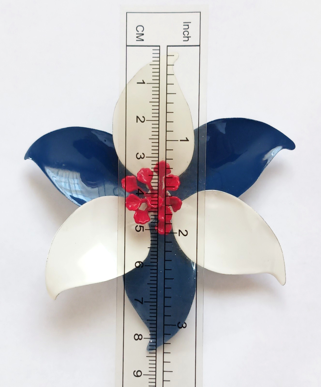 Vintage Enamel Flower Brooch ~ Red, White, Blue ~ 3.25 inch