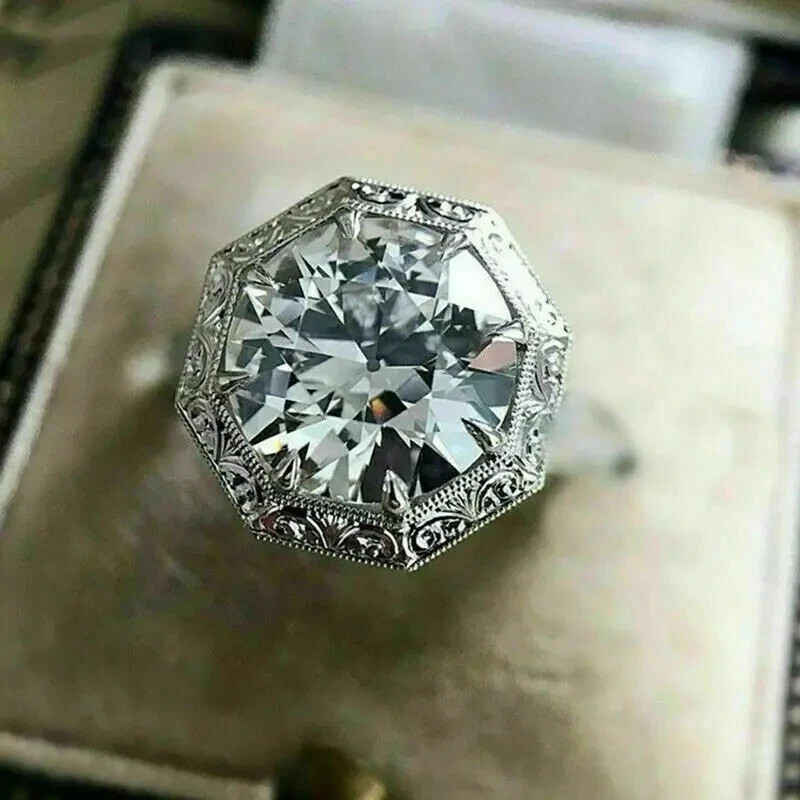 Vintage Art Deco 4.5CT Round Lab Created Diamond Octagon Halo Ring 925 Silver