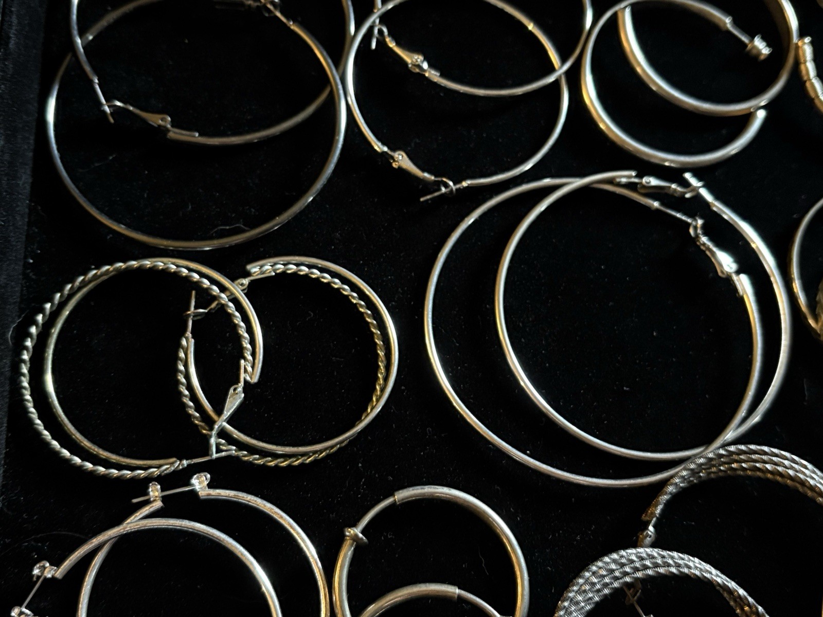 14 Pairs Assorted Vintage Hoop Earrings Various Sizes And Styles Silver Tone