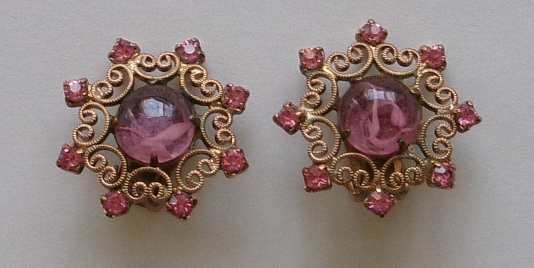 Vintage Weiss Signed Earrings Cip On Pink Rhinestone Filigree