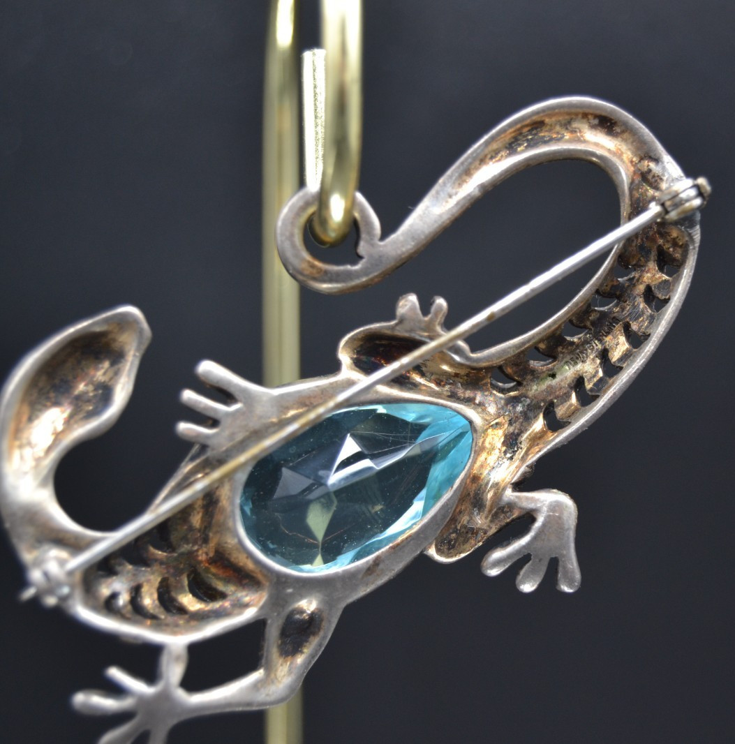 REJA Sterling SALAMANDER LIZARD Brooch Earrings AQUA GLASS BELLY Vtg Set Signed