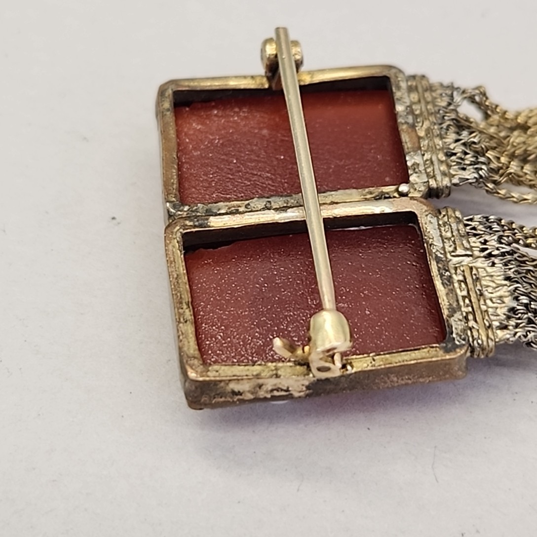 Antique Double Cameo Glass Brooch Red White Face Tassels Gold Filled Unique 2″