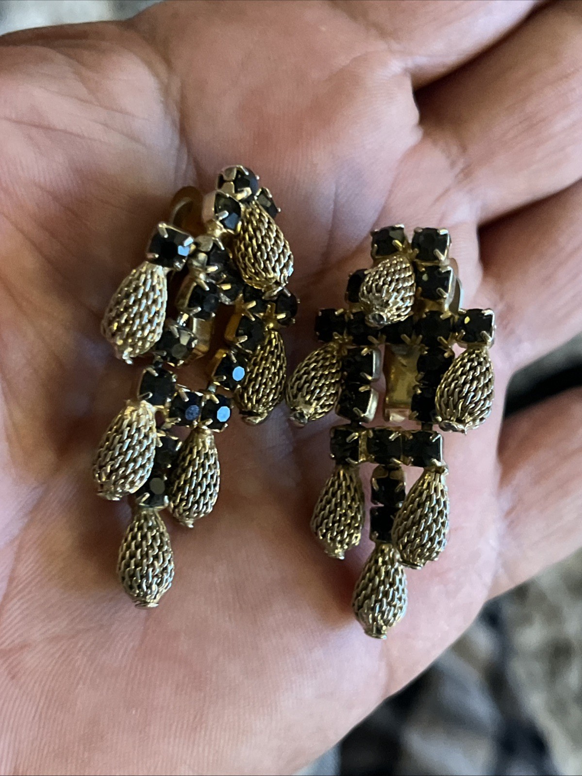 Vintage Signed HOBE Gold & Silver Plate Dangle Black Colored Rhinestone Earrings