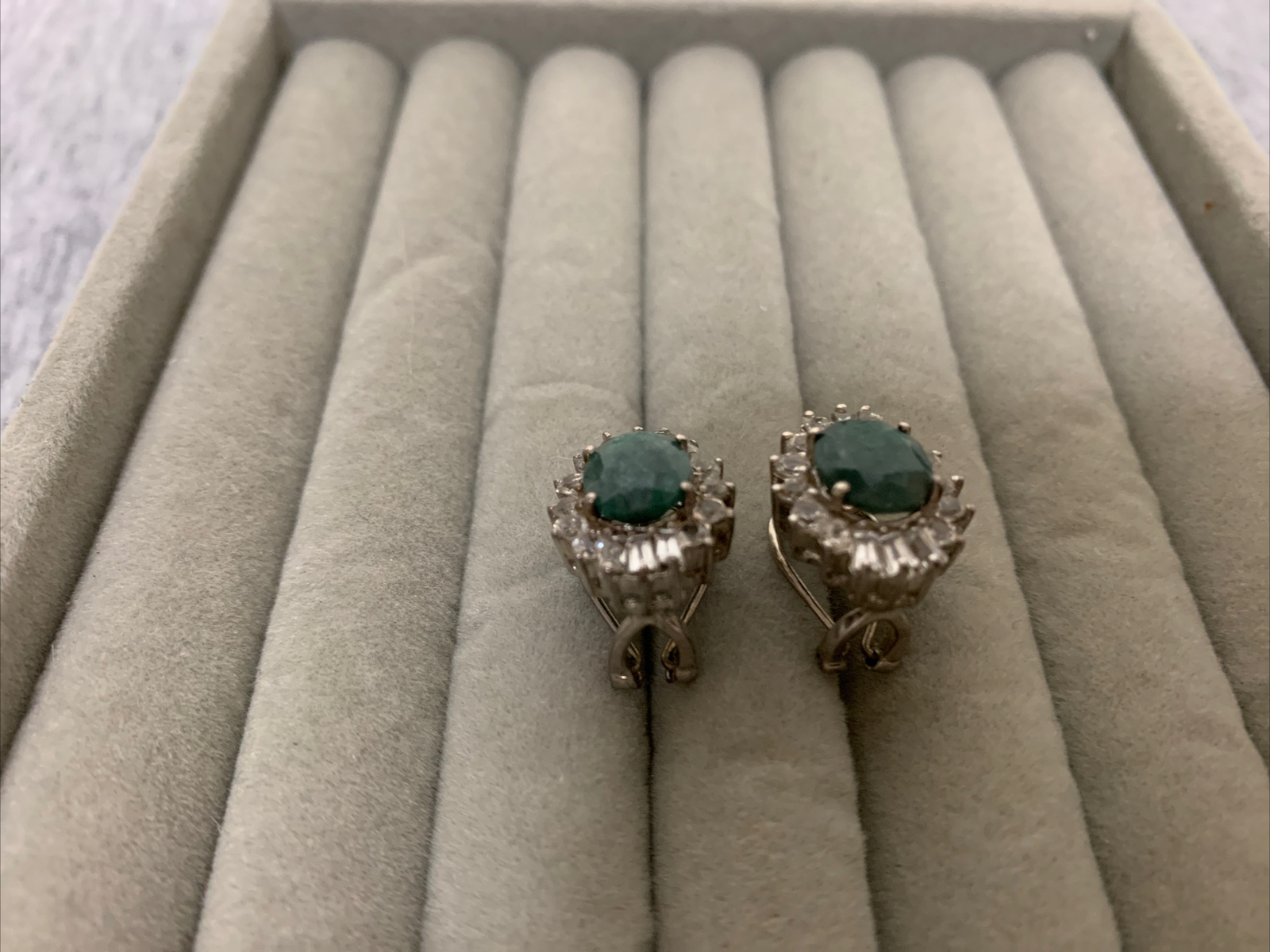 Vintage Sterling Fadi India Labradorite Cabochon & Cubic Zirconia Stud Earrings