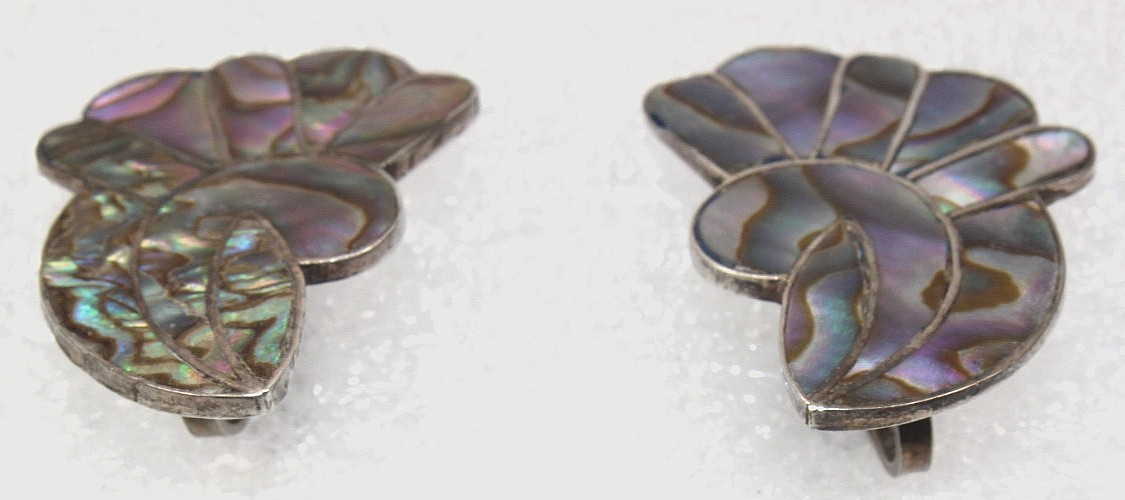 Vtg Sterling & Abalone Shell Earrings Signed, Silver Screw Back 1-1/8″ Mexico