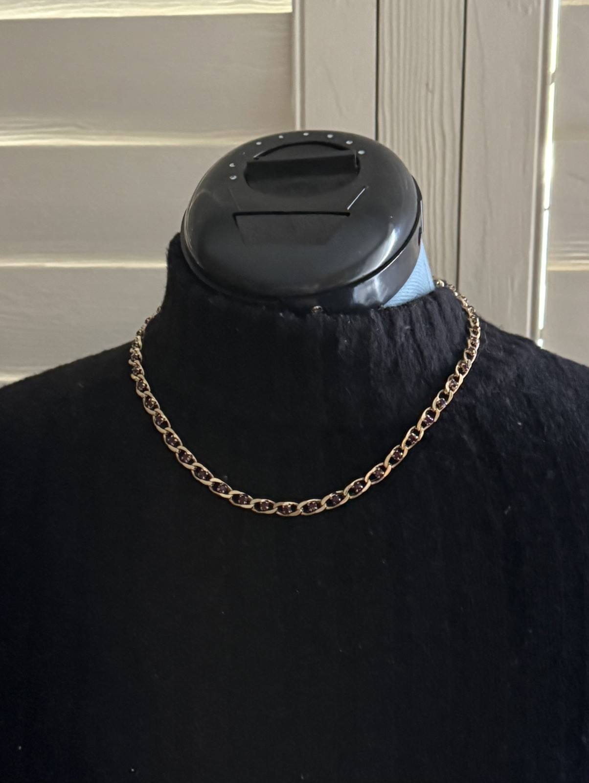 Vintage Givenchy Cuban Link Necklace Inlaid W/ A Dark Purple Stone Between Links