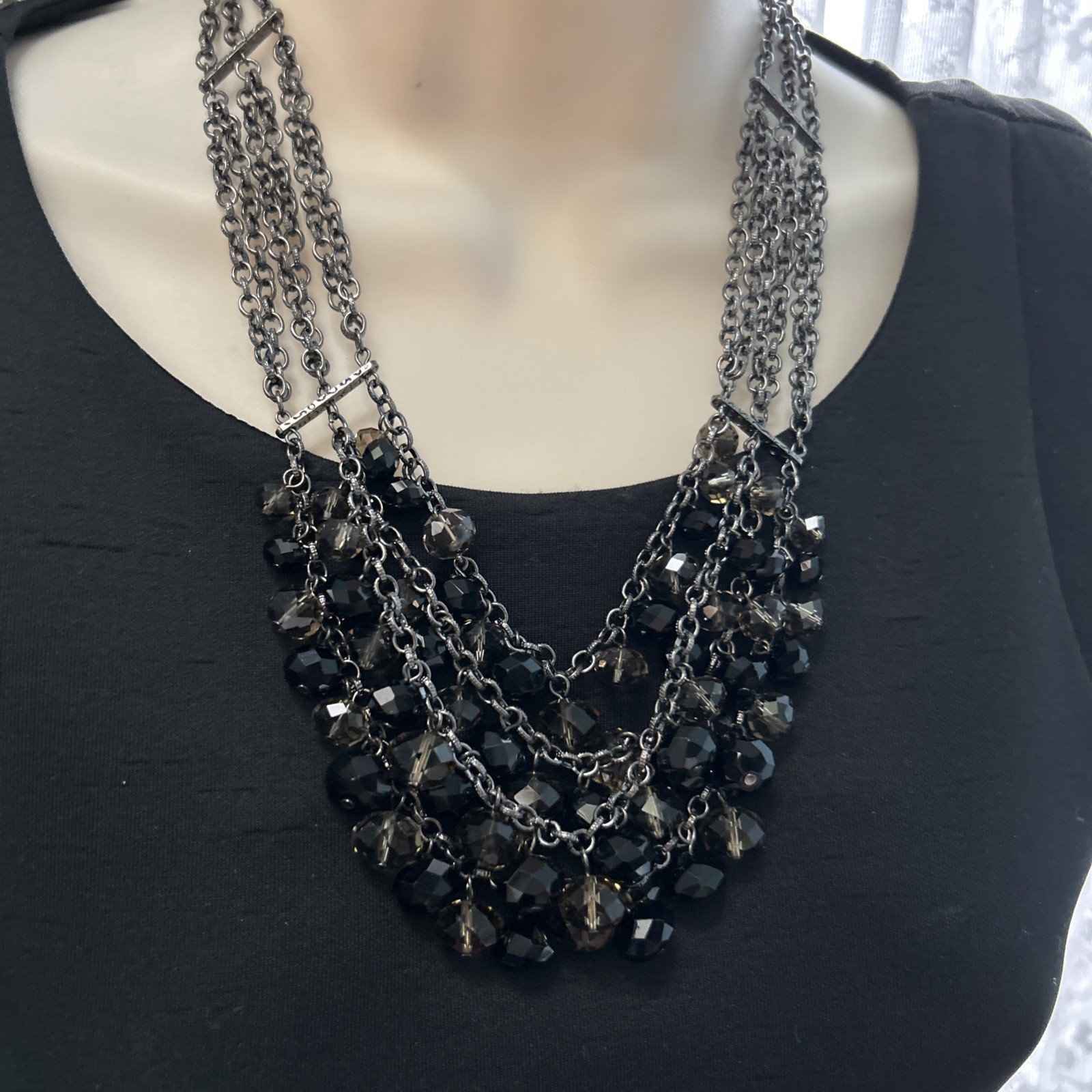 Designer NECKLACE Silver Toned 4 Strands Black/Clear Smokey Shiny Glass Beads