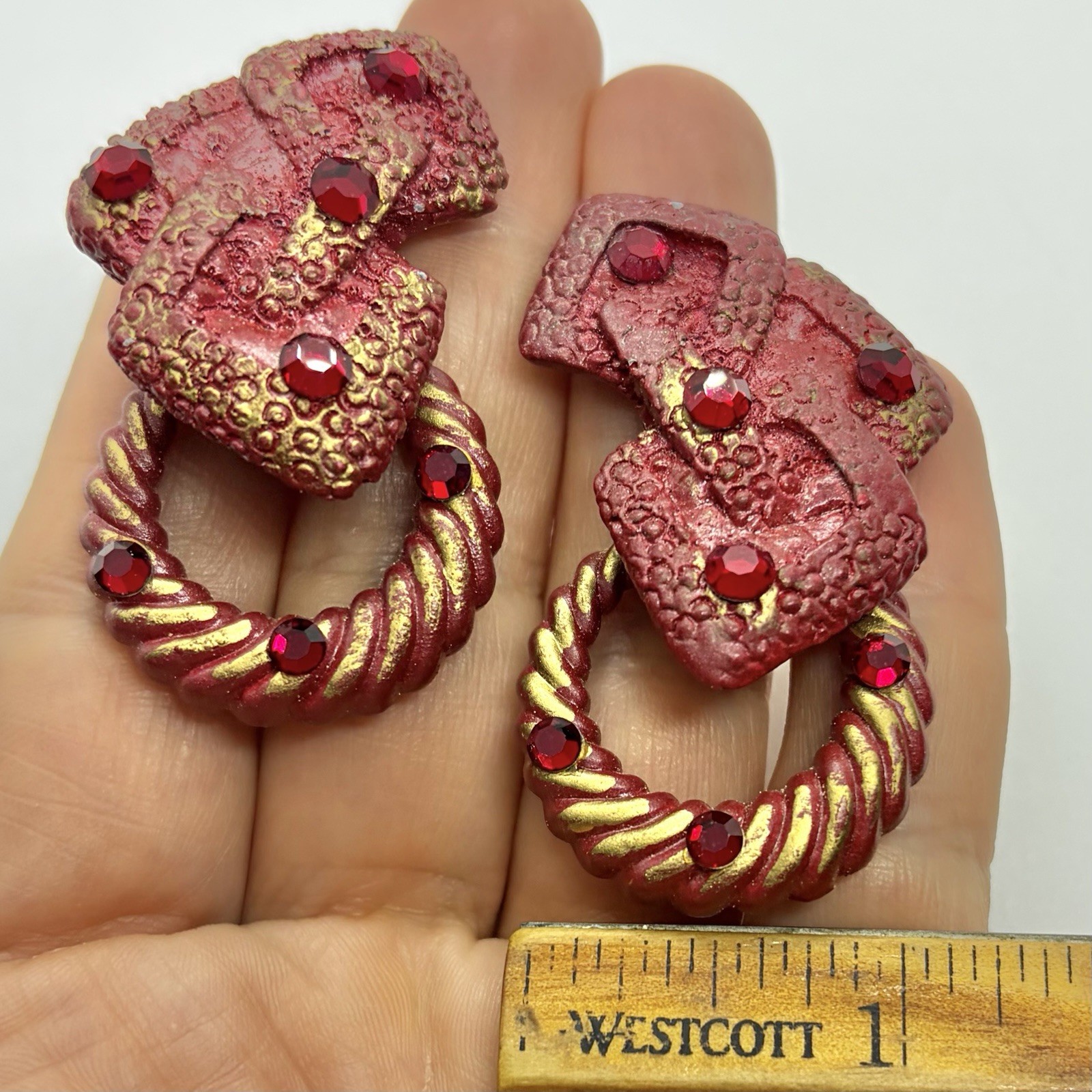 Vtg 80’s Designer Signed Red Gold Lucite Rhinestone Door Knocker Earrings Clip