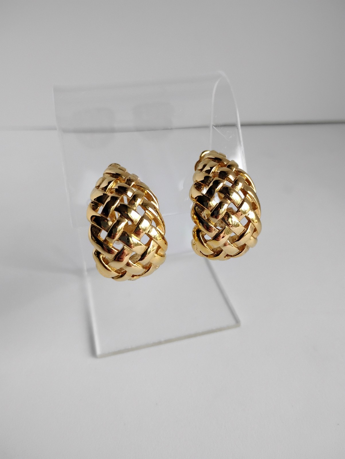VTG Givenchy Clip On Earrings Lg Tapered Basket Weave Goldtone Signed France 1″