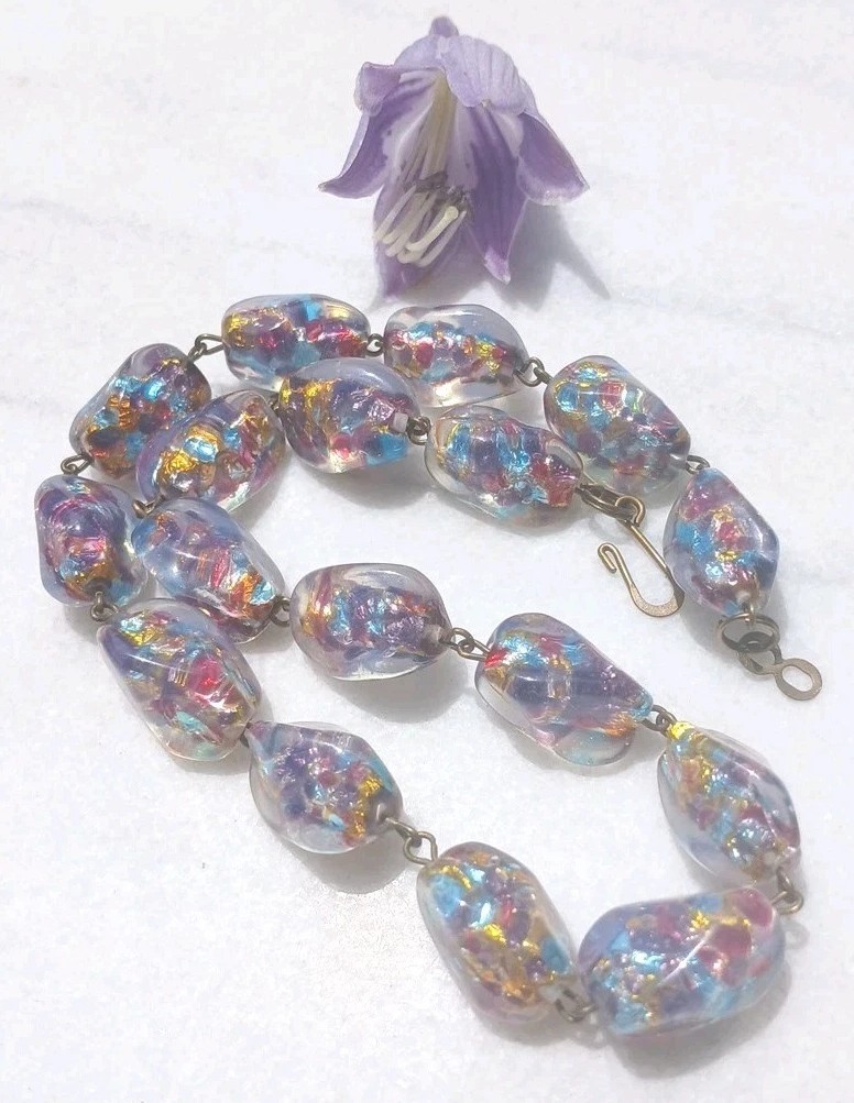 HUGE ANTIQUE JAPAN OPAL CONFETTI GOLD SILVER FOIL ART GLASS NECKLACE SET OOAK