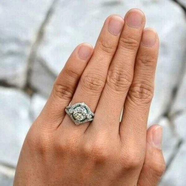 2Ct Art Deco Style Lab Created Diamond & Emerald Wedding 14K White Gold FN Ring