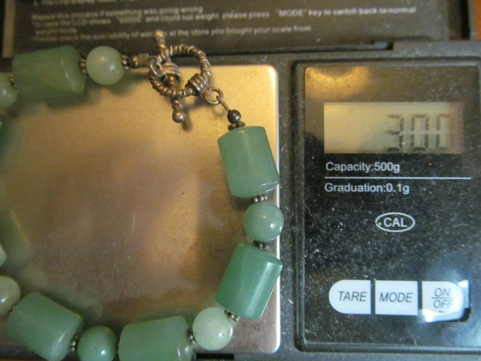 Vintage 925 Sterling Silver Green Stone Beaded Toggle Clasp Bracelet 30g