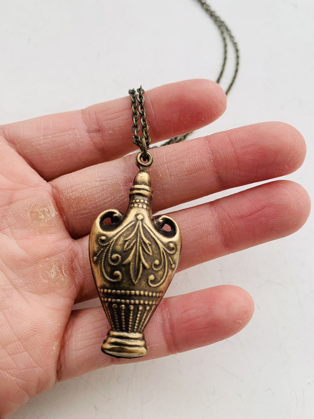 Vintage Style Bronze Tone Egyptian Revival Intricate Vase Pendant Necklace