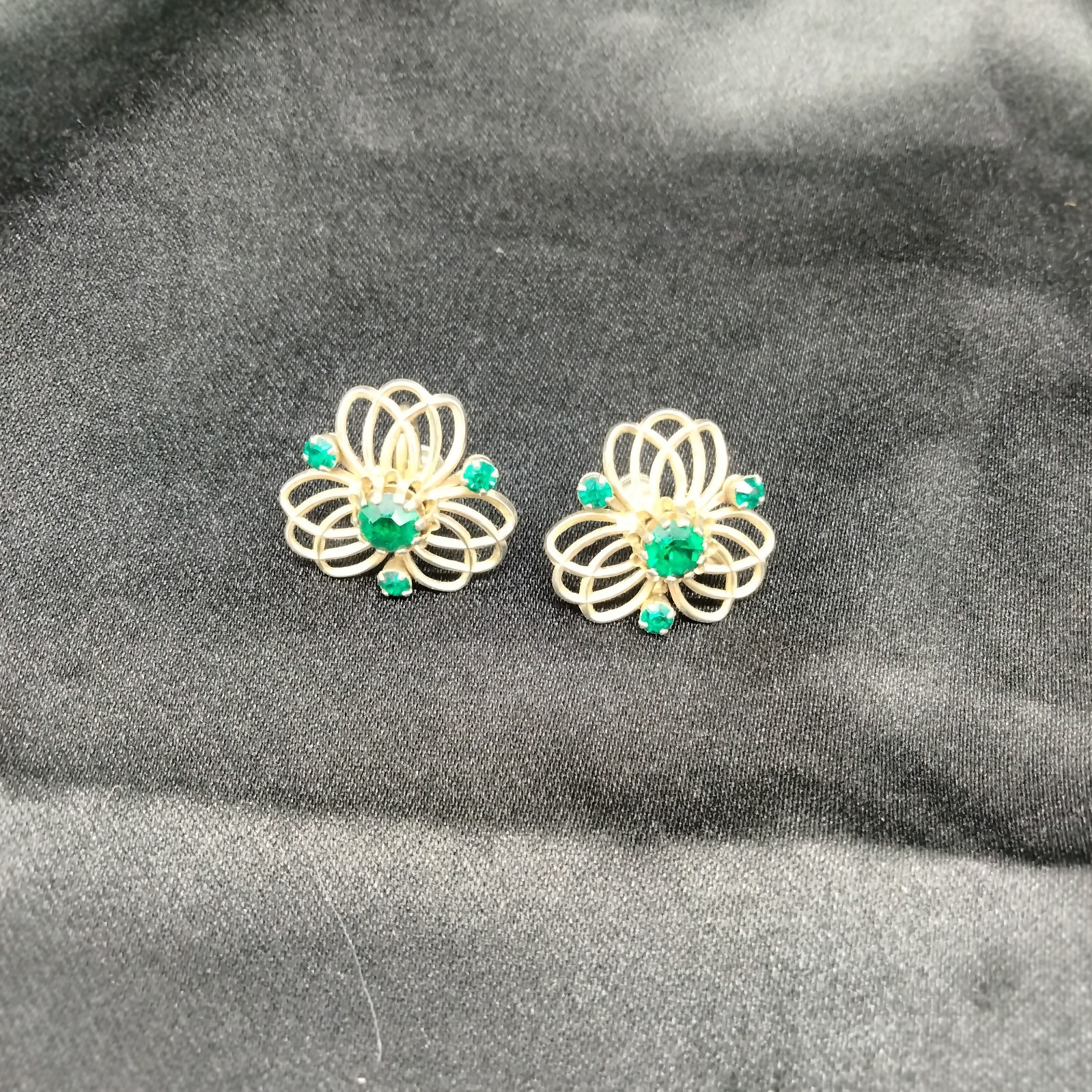 Vintage Gold Filled Filigree Atomic Flower Screw Back Earrings Green Rhinestones