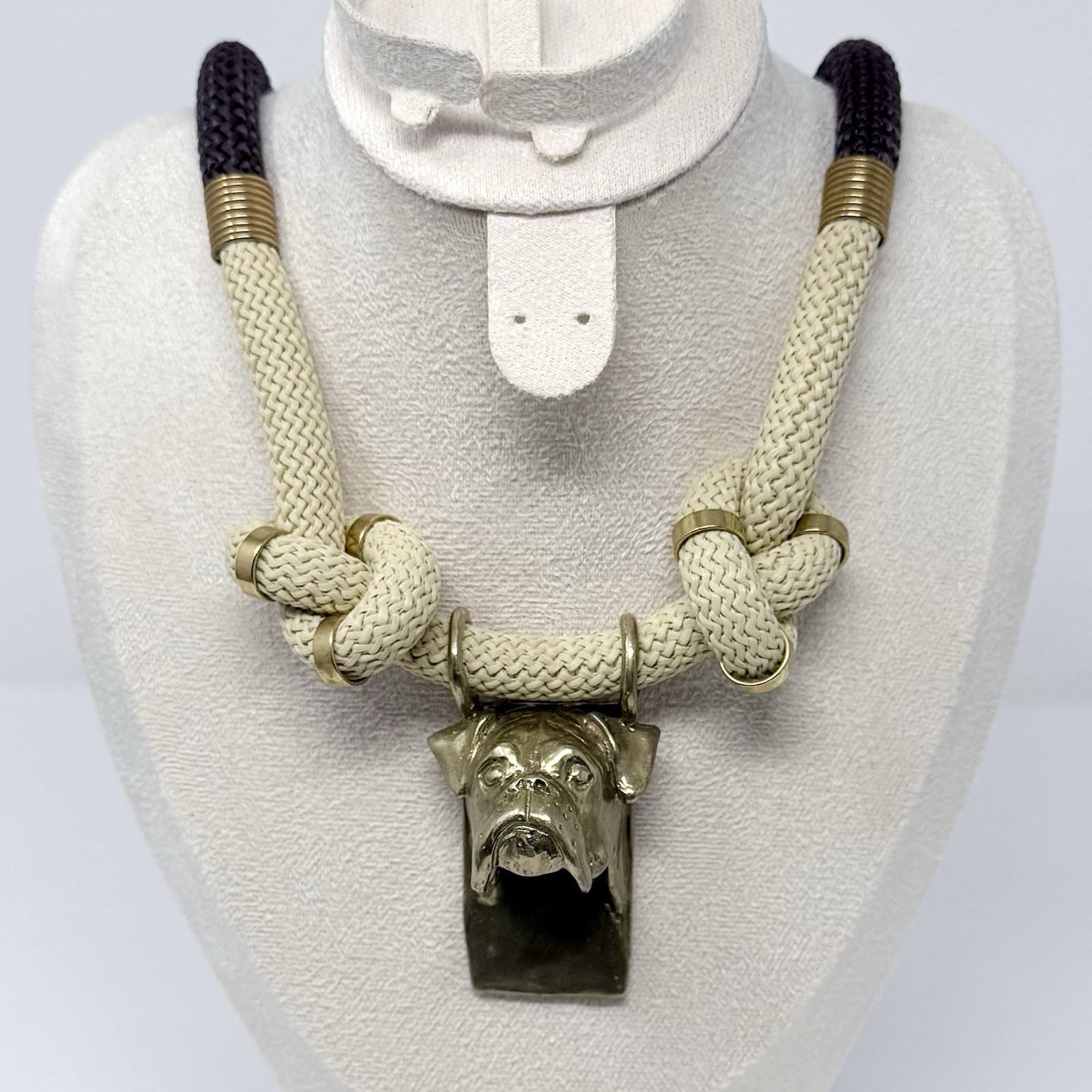 Vintage Boxer Dog Solid Brass Pendant Rope Statement Necklace Magnetic Clasp 26”