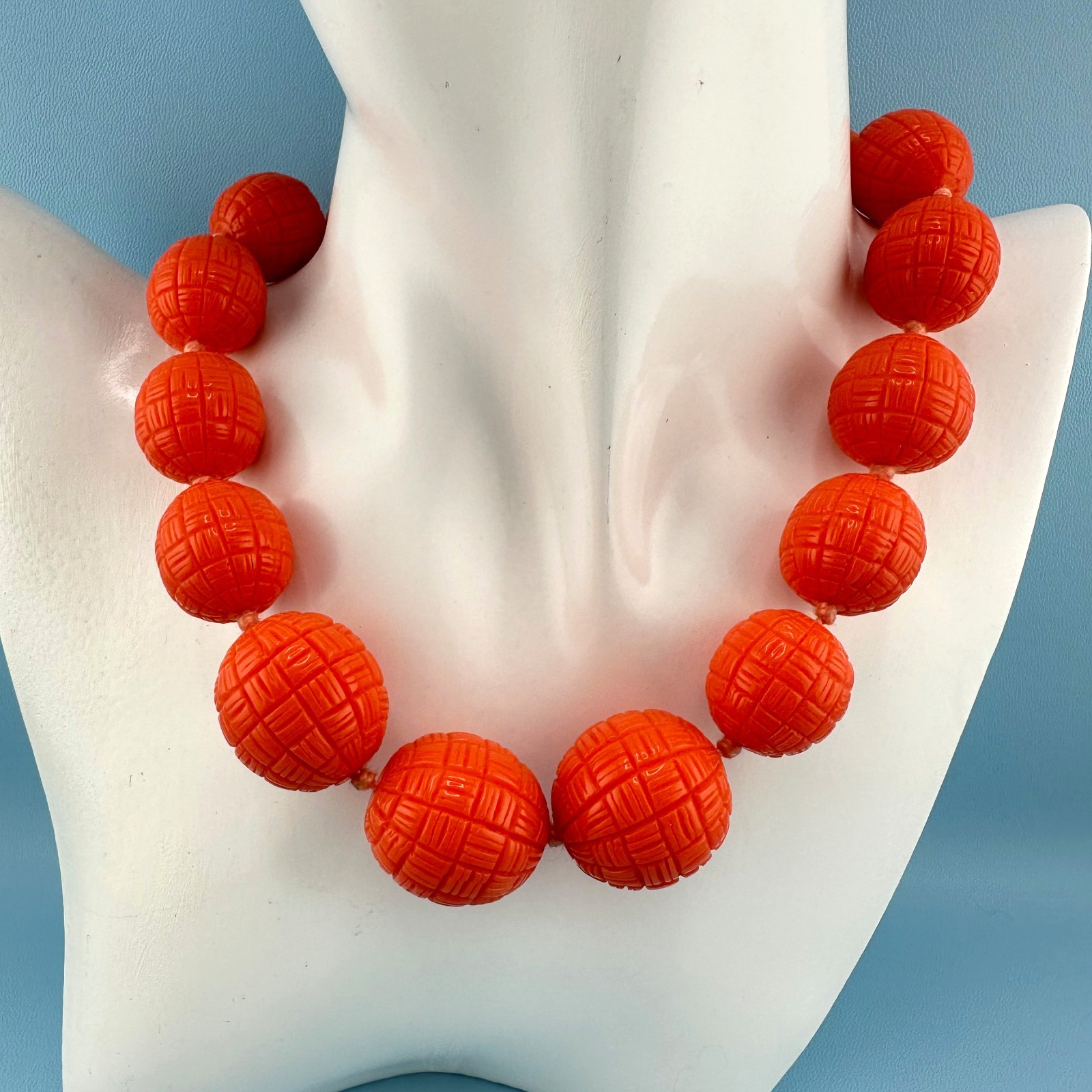 Vintage Chunky Orange Textured Bead Choker Collar Necklace Heavy Acrylic Retro