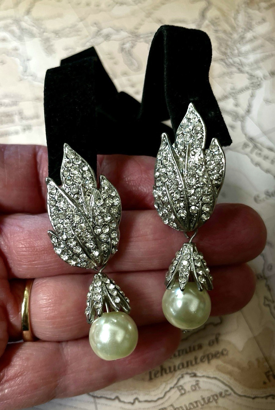 Prom Wedding Formal Earrings Fancy Drop Dangle w Faux Pearls Crystal Accents