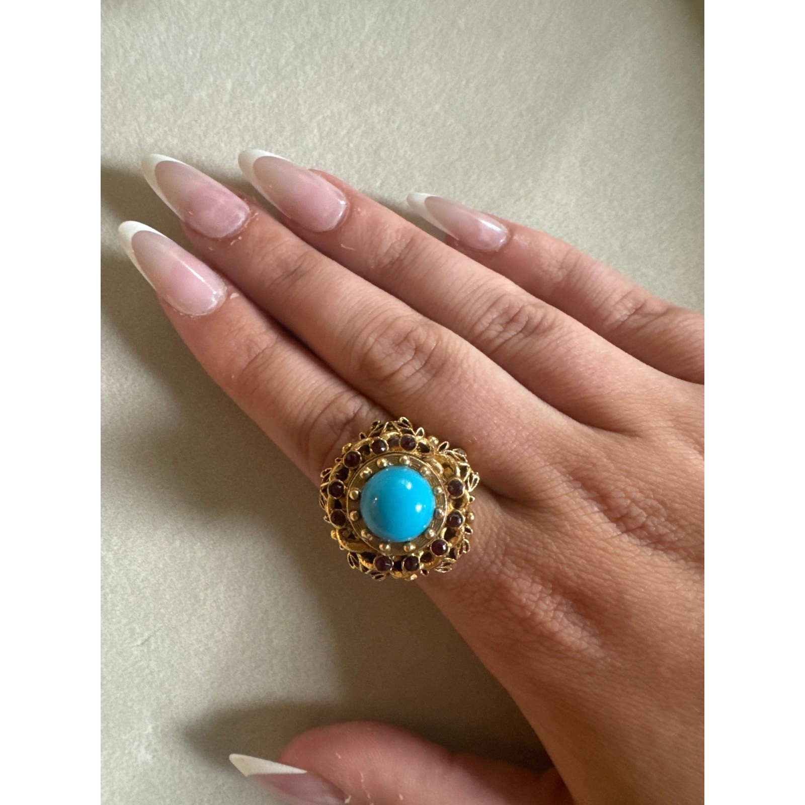 Vintage Florenza Faux-Turquoise Cabochon Red Rhinestones Ring – Adjustable