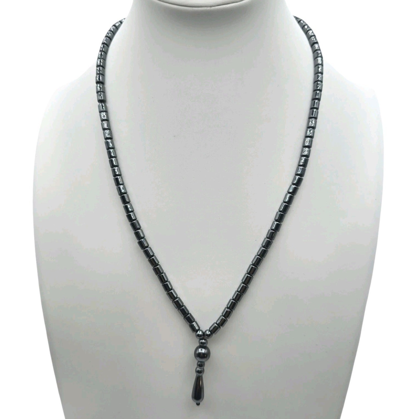 Vintage Necklace Hematite Y Drop Gunmetal Gray Black Color Tone 18″ SKU 3469