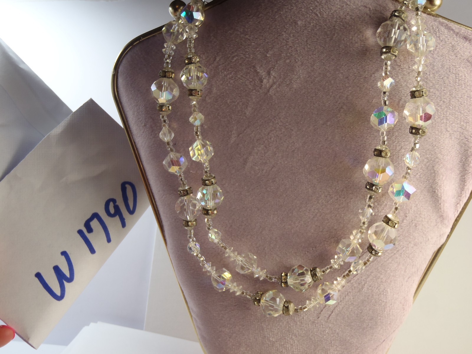 1950s Vendome Aurora Borealis AB Crystal Bead Double Strand Necklace 20in