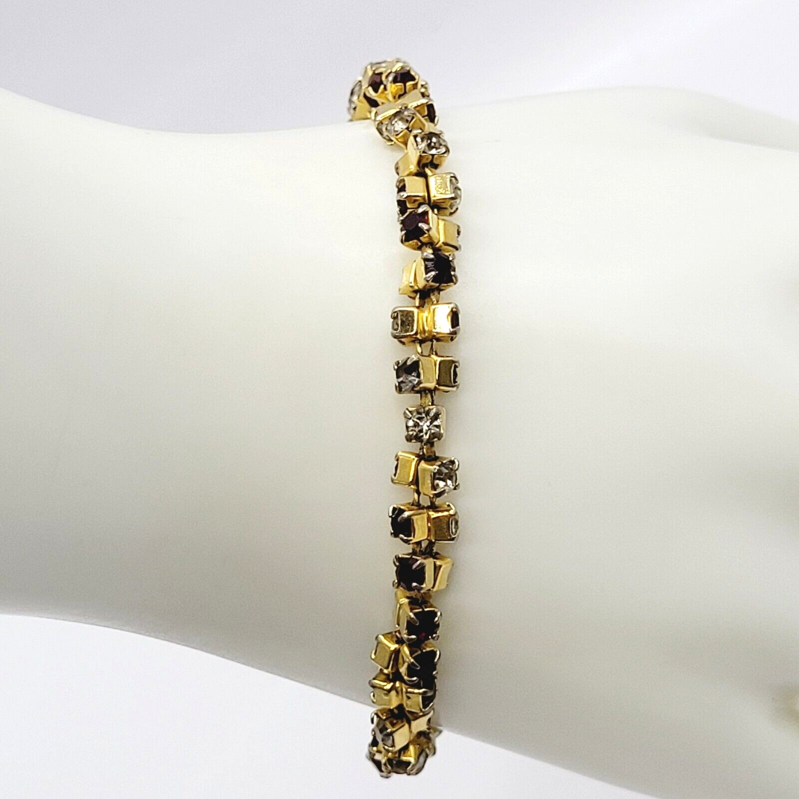 Unique Slightly Brutalist Style Gold Plated Bracelet Red White Rhinestone 7.5 In