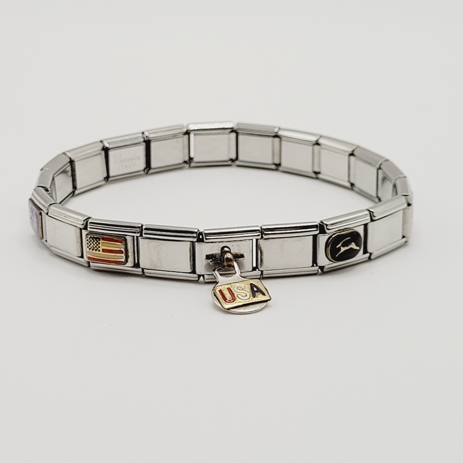 Vintage Italian Style Modular Stainless Steel Charm Bracelet w Mom USA Flag Dog