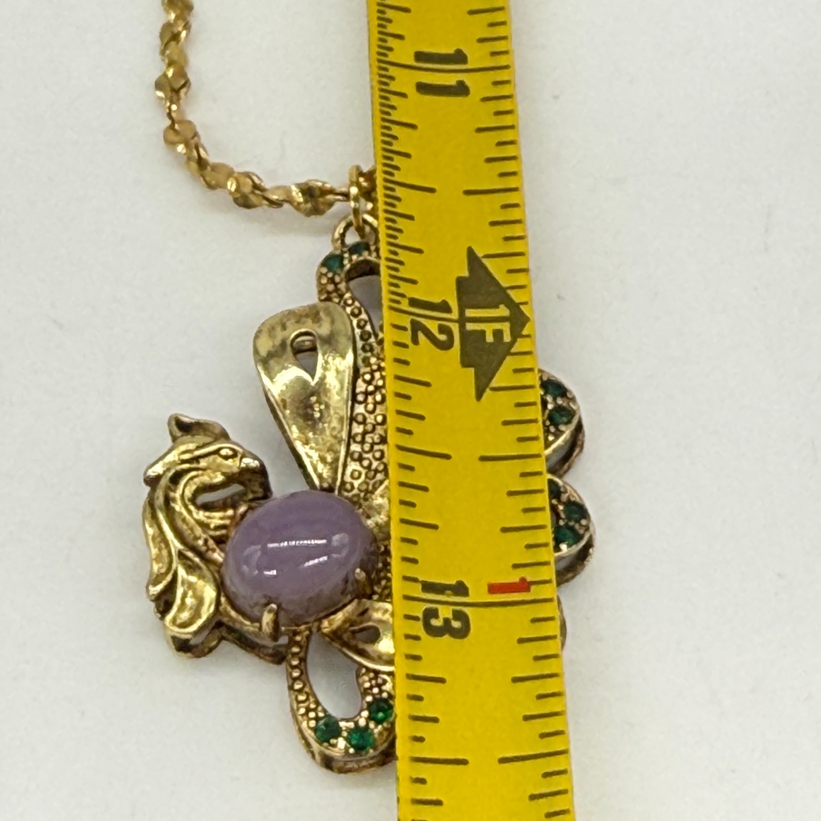 Vintage Peacock Pendant Necklace Purple Cabochon Belly Green Rhinestones