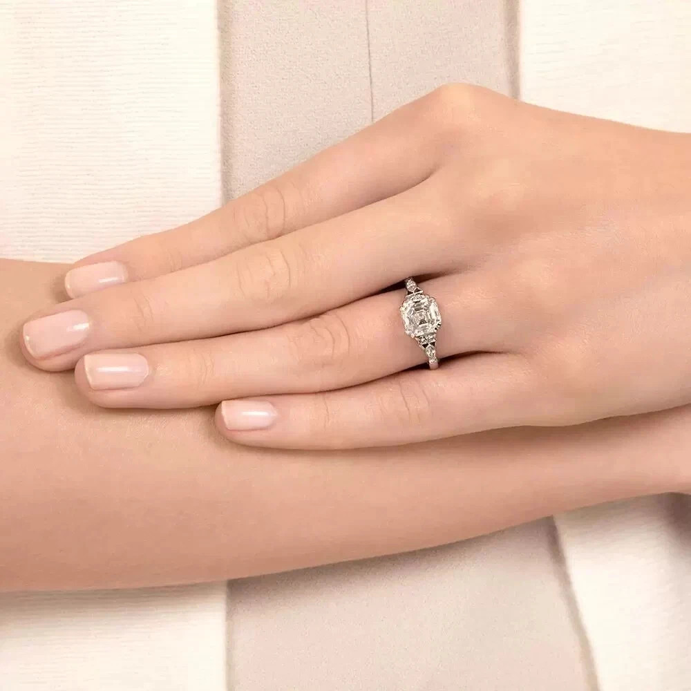 Art Deco Style 14K White Gold FN Asscher Cut Lab Created Diamond Ring Engagement