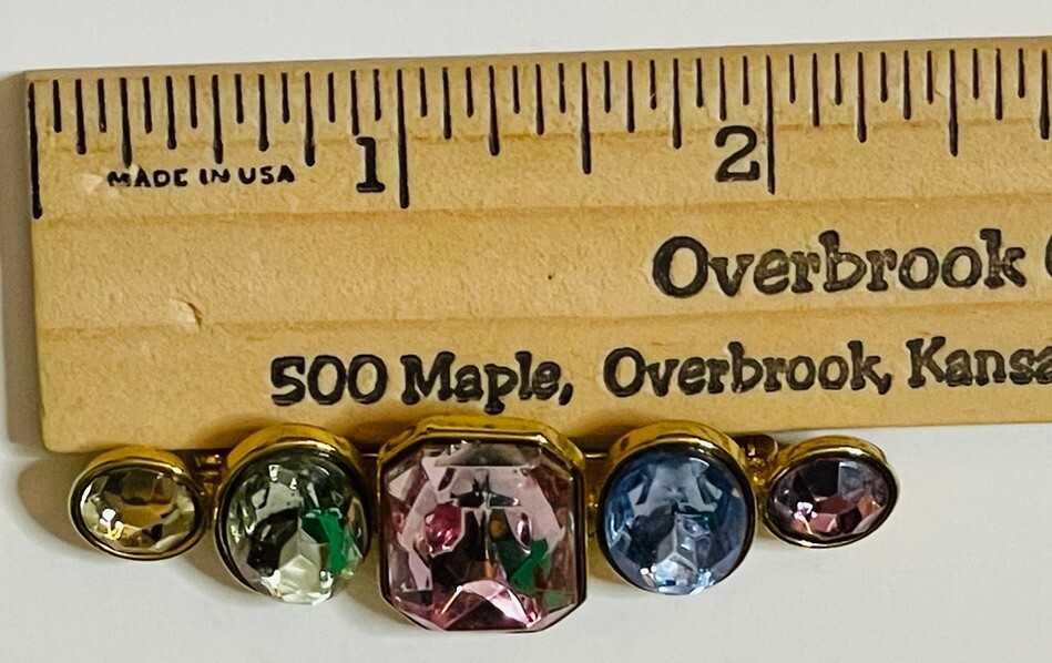 VTG TAT BAR BROOCH ART GLASS HANDMADE SIGNED FACETED STONES GOLD TONE BRILLIANT